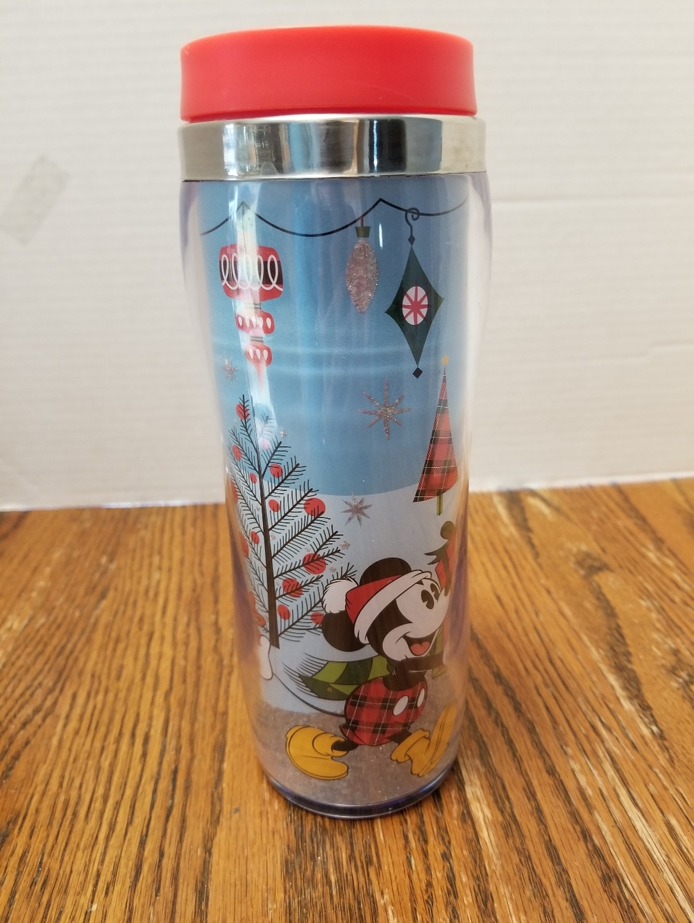 Mickey Mouse Holiday Travel Tumbler - Red Lid, Blue Holiday Print